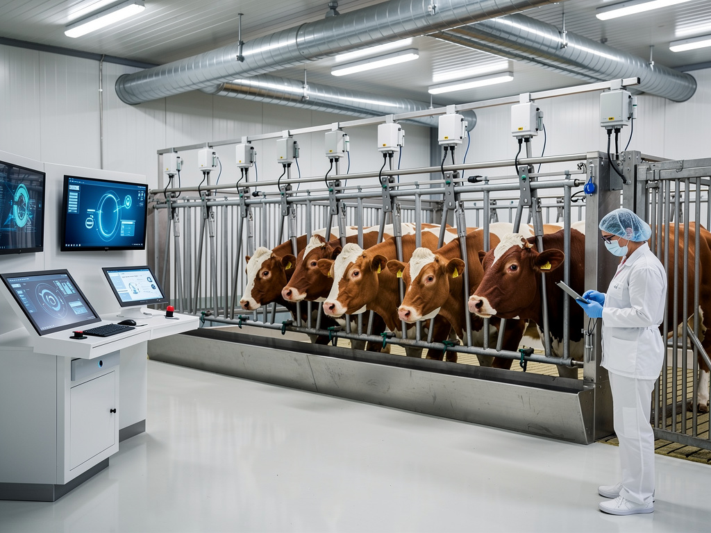 Laboratorio ganadero moderno con vacas en corrales automatizados, pantallas de control y técnico veterinario monitoreando la producción lechera