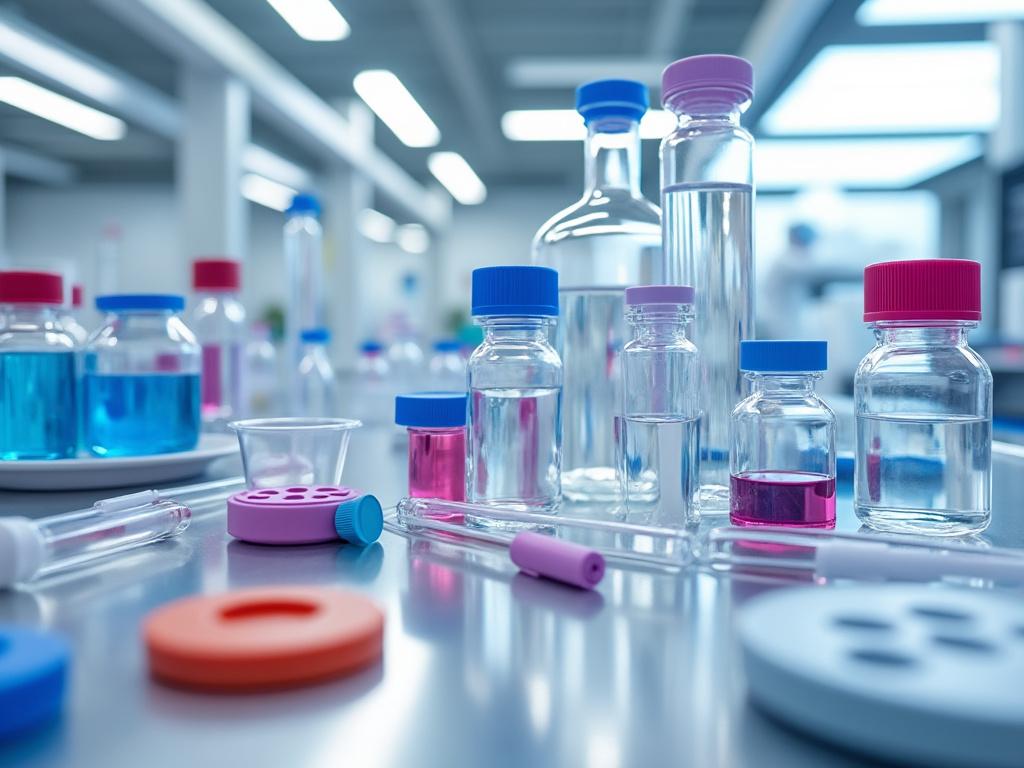 Varios frascos de vidrio con líquidos coloridos en un laboratorio científico moderno.