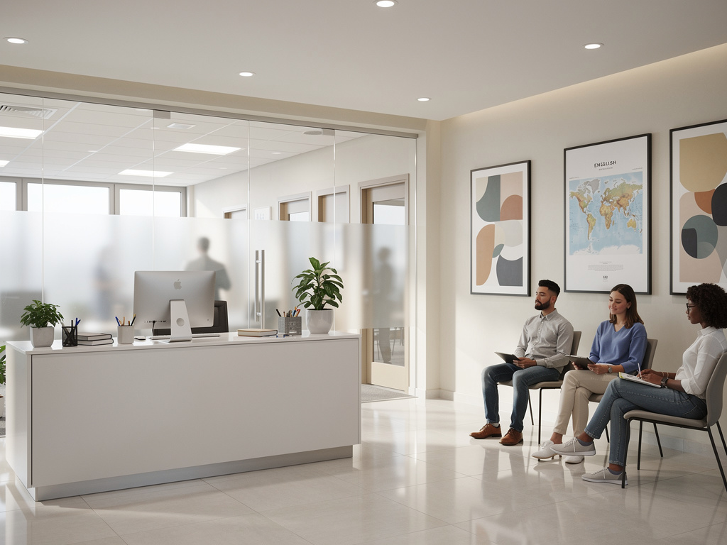 Sala de espera moderna en oficina con recepción blanca, paredes de cristal y personas sentadas