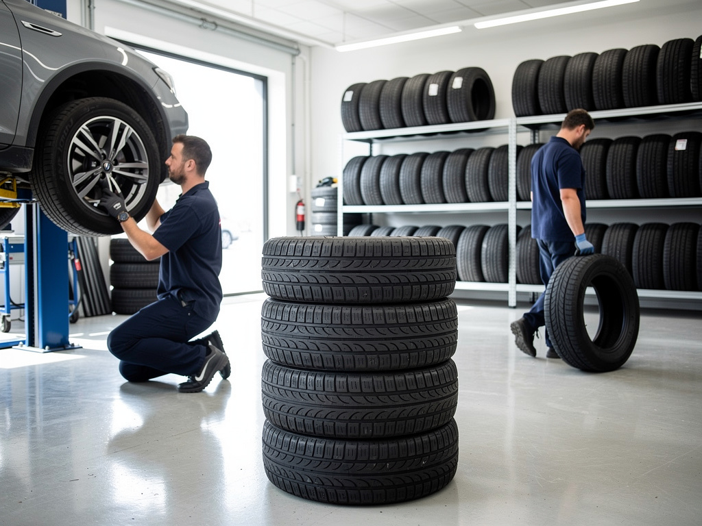 Mecánicos cambiando neumáticos en taller automotriz con estanterías de llantas y coche elevado