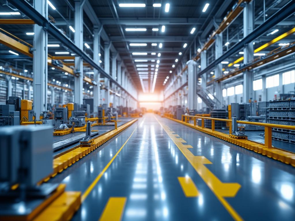 Interior de una fábrica moderna con iluminación intensa y equipos industriales organizados. Interior de una fábrica moderna con iluminación intensa y equipos industriales organizados.