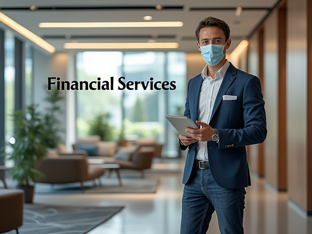 Hombre con mascarilla sosteniendo una tableta en una oficina moderna, texto que dice 'Financial Services'.