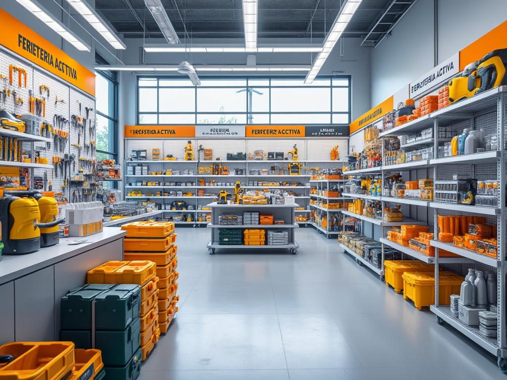 Interior de una ferretería moderna con herramientas y productos de construcción organizados en estanterías.