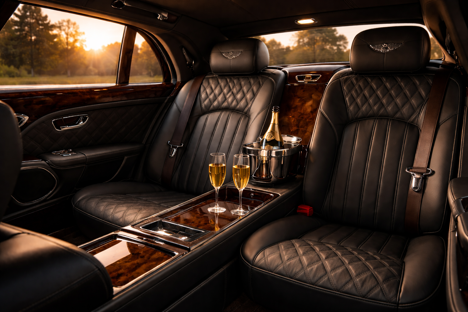 Luxury black SUV parked outside modern building with greenery. Luxury black SUV parked outside modern building with greenery.