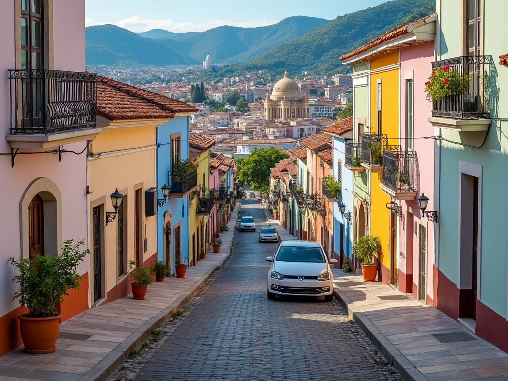 Calle empedrada con casas coloridas en Oaxaca, México, con montañas al fondo y cielo despejado.