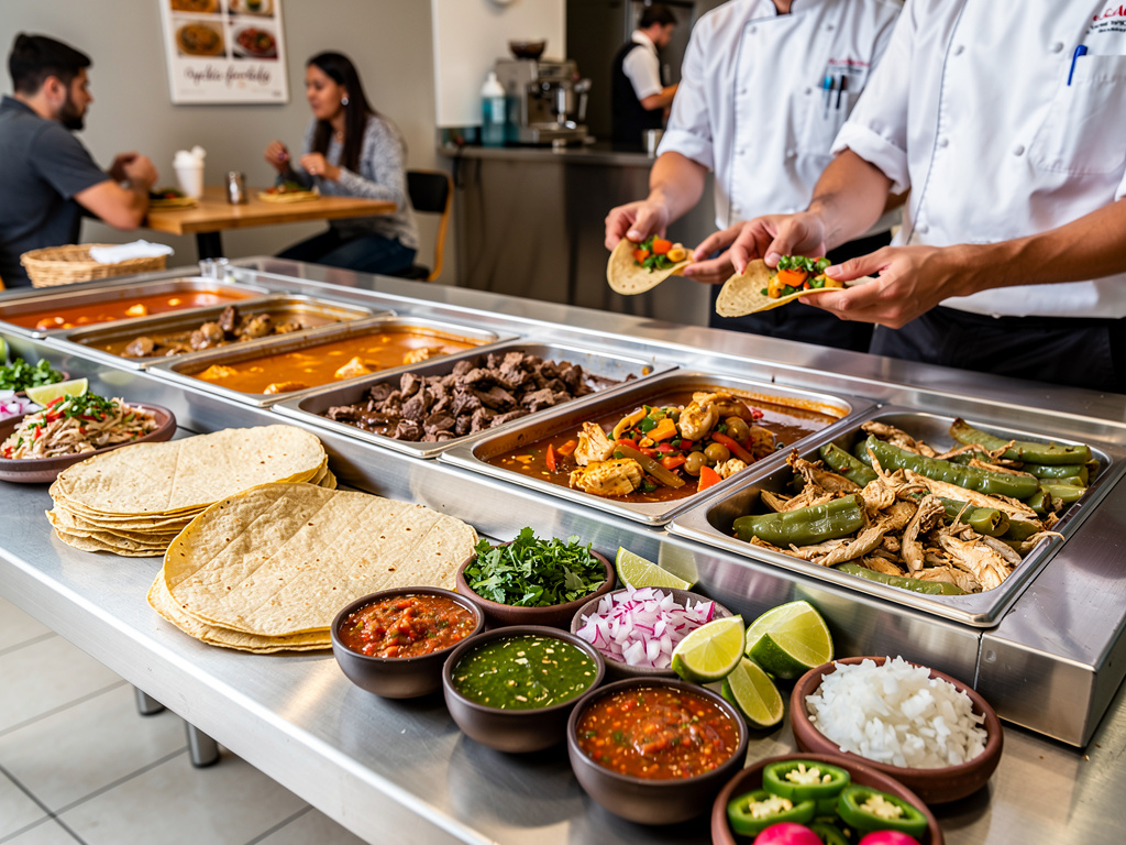 Chefs preparando tacos en taquería con buffet de carnes, tortillas, salsas y guarniciones frescas