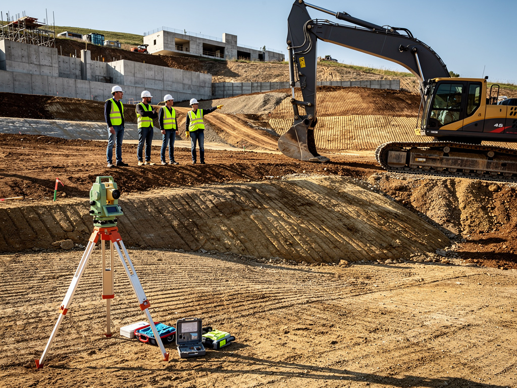 Equipo de construcción con excavadora y topógrafo en obra de movimiento de tierras