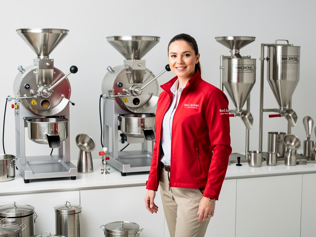 Woman in red jacket standing beside commercial coffee roasting machines and stainless steel equipment