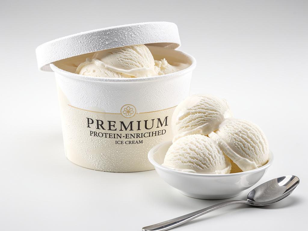 Premium protein-enriched vanilla ice cream tub with scoops in a white bowl and spoon Premium protein-enriched vanilla ice cream tub with scoops in a white bowl and spoon