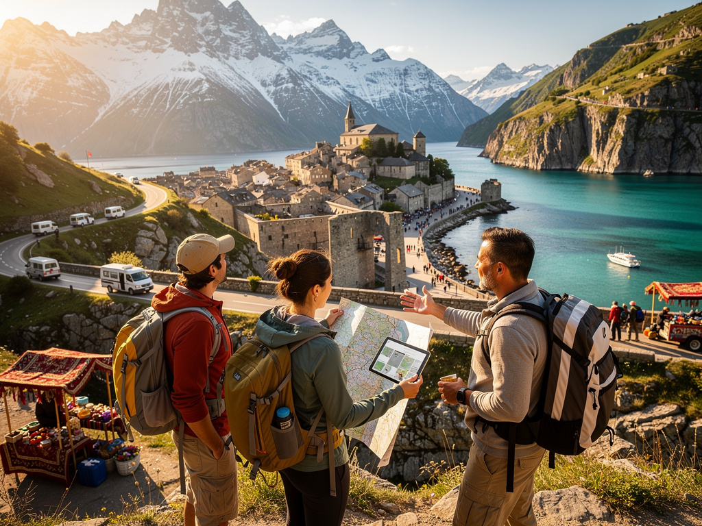 Turistas con mochilas consultan mapa frente a pueblo medieval junto a lago turquesa y montañas nevadas