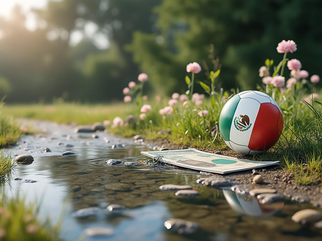 Balón de fútbol con la bandera de México junto a un arroyo rodeado de flores rosas en un entorno natural.