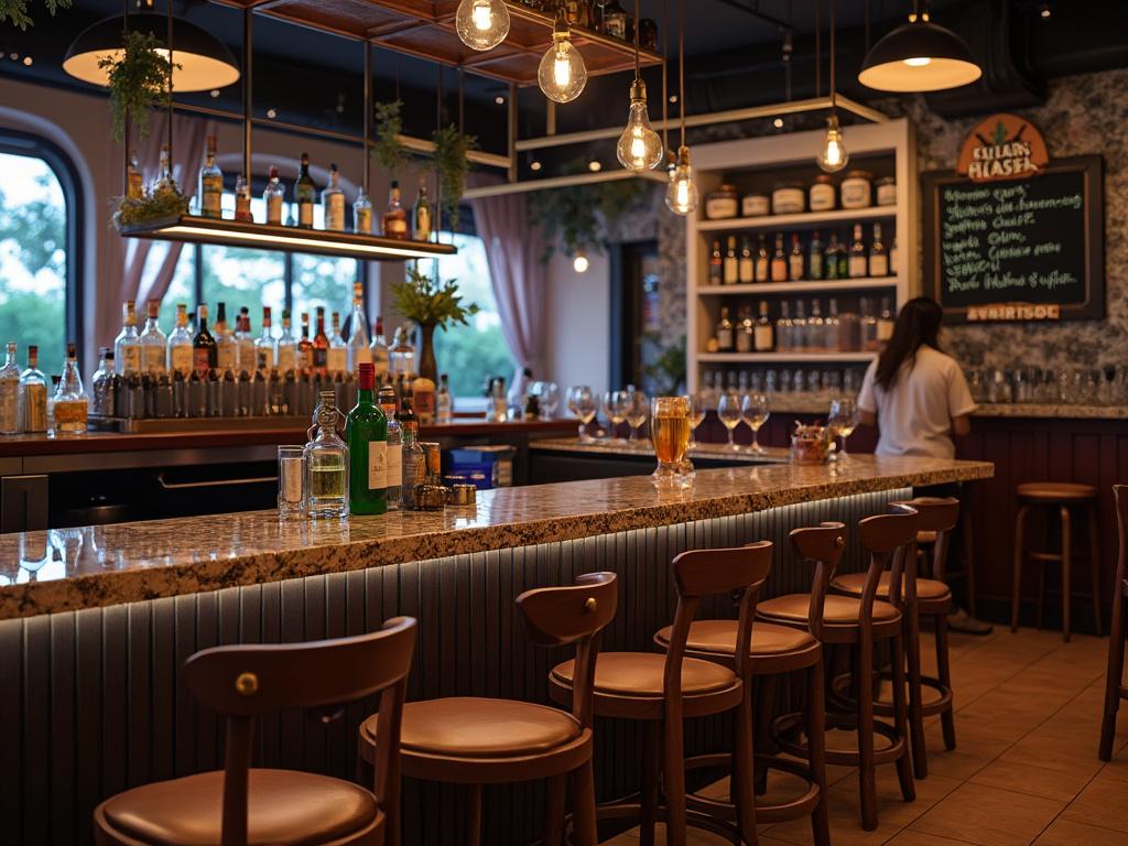 Bar moderno con botellas de licor en la barra, luces colgantes, sillas altas de madera y camarera de espaldas.