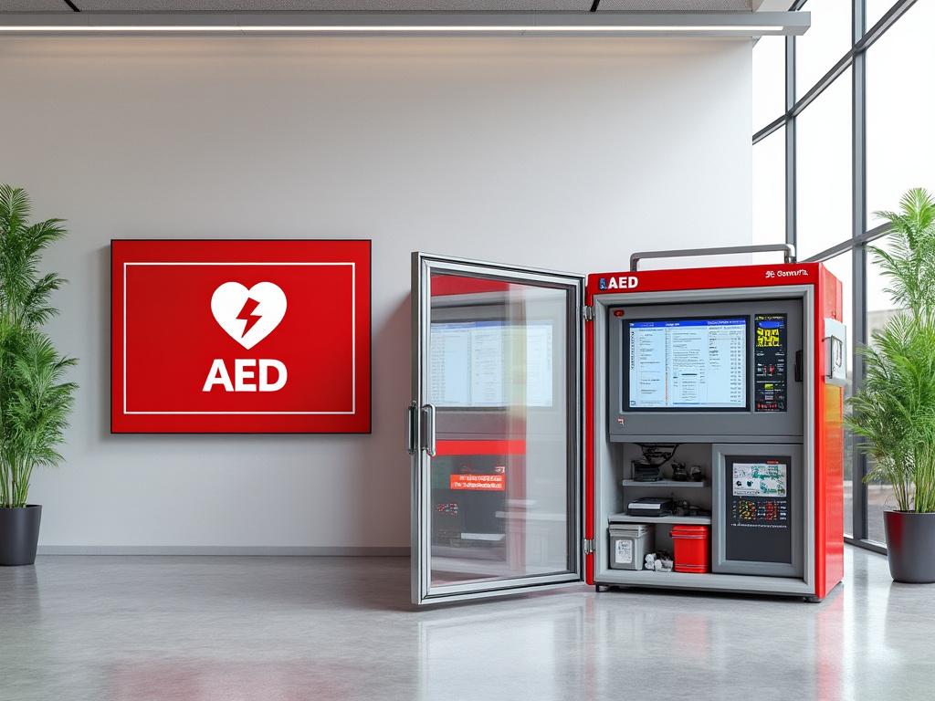 Modern AED station with open cabinet and digital display in a bright room with green plants and large AED sign on the wall, showcasing emergency medical equipment setup.