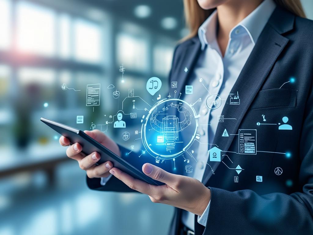 Mujer de negocios en traje usando una tableta con gráficos digitales flotantes en entorno de oficina moderna. Mujer de negocios en traje usando una tableta con gráficos digitales flotantes en entorno de oficina moderna.