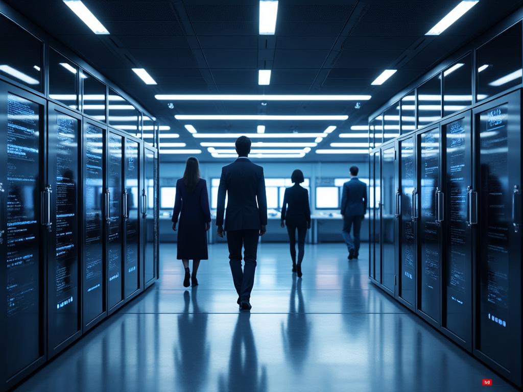 People walking through a modern data center with server racks and digital displays.
