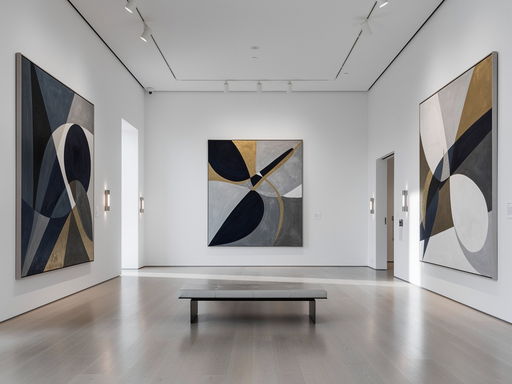Galería de arte moderno con grandes pinturas abstractas geométricas en paredes blancas y banco central