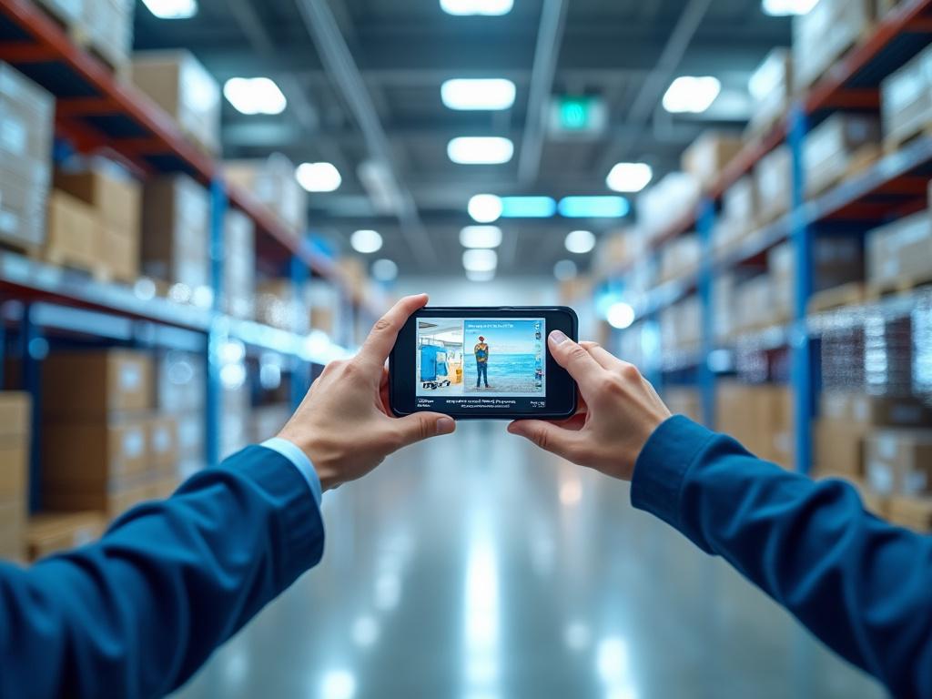 Persona tomando foto en un almacén con pasillos llenos de cajas y estantes metálicos.