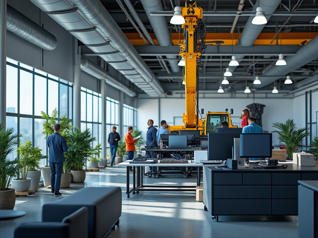 Interior de oficina moderna con techos altos, plantas verdes, grupos de personas trabajando y una grúa amarilla visible a través de las ventanas grandes.