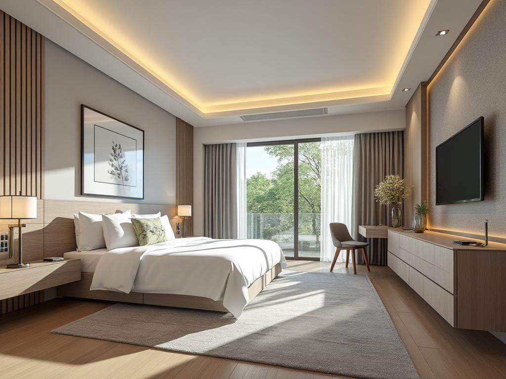 Dormitorio moderno con cama doble, televisor en la pared, ventana grande con vistas al exterior y detalles de decoración minimalista.