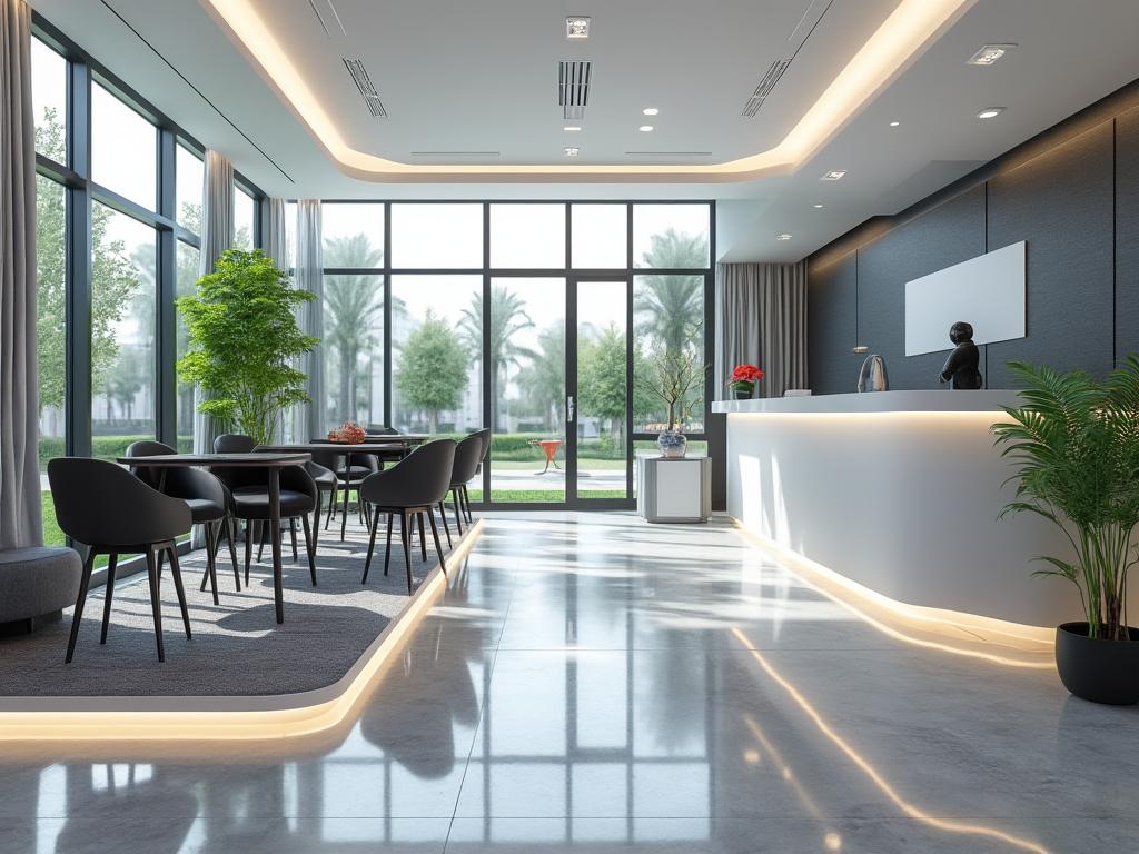 Recepción moderna de oficina con muebles elegantes, gran ventanal y plantas decorativas.