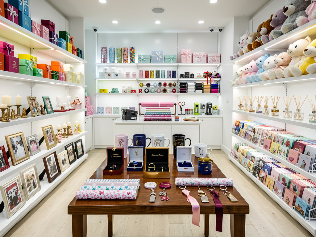 Tienda de regalos personalizada con cajas decorativas, peluches, tarjetas, marcos de fotos y accesorios elegantes