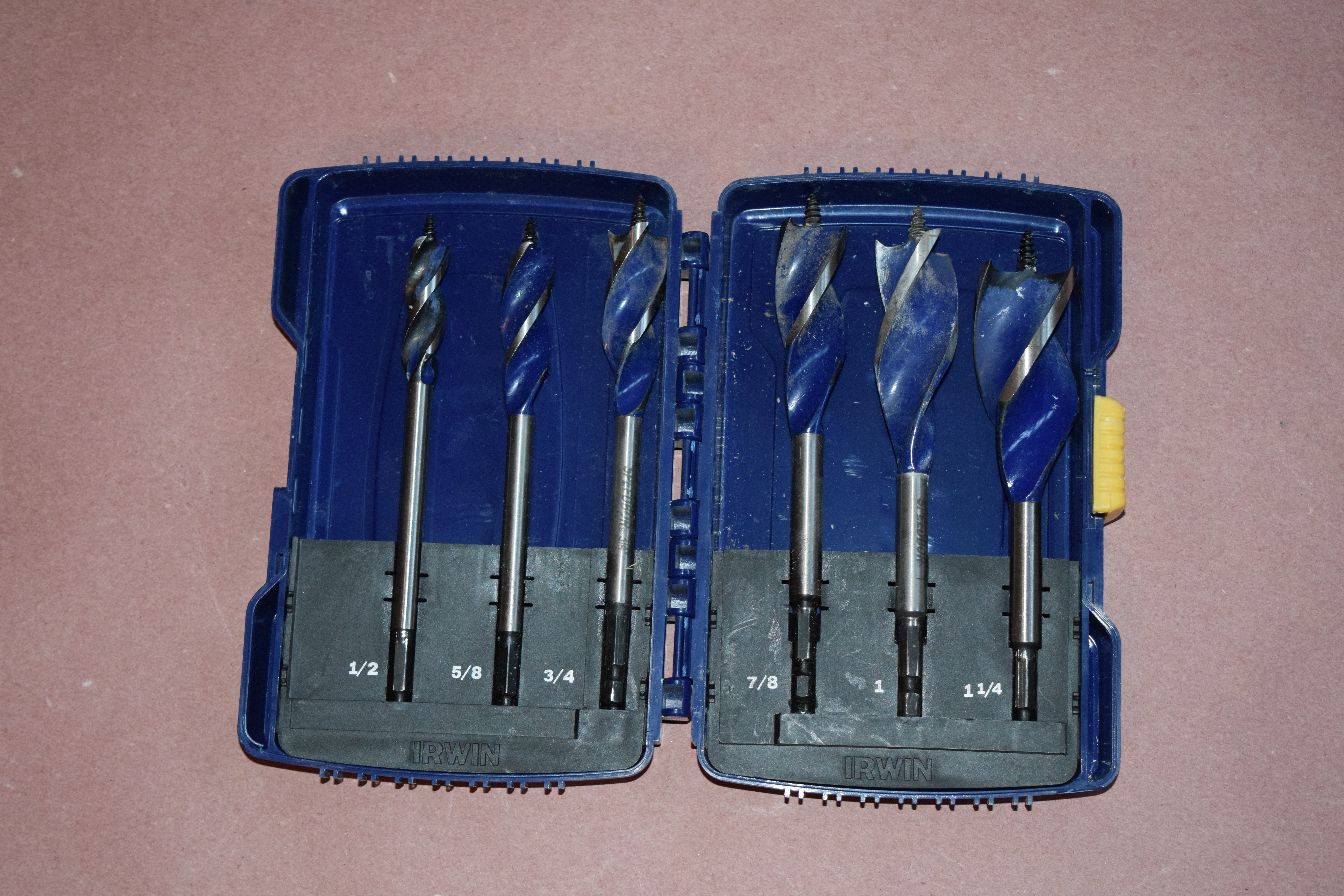 Spade Drill Bit set (1/2 to 1-1/4;  By Irwin;  in case)