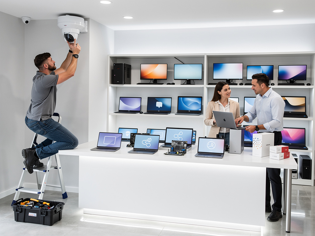 Técnico instalando cámara de seguridad en tienda de tecnología con laptops, monitores y clientes