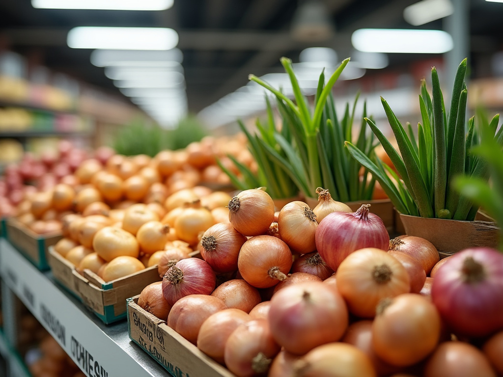 Cebollas frescas amarillas y rojas en cajas de supermercado con brotes verdes en la sección de verduras