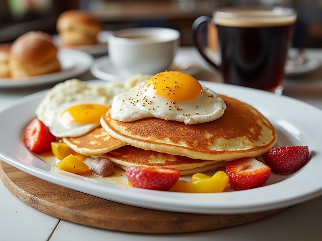 Breakfast with pancakes topped with fried egg, fresh strawberries, and coffee.