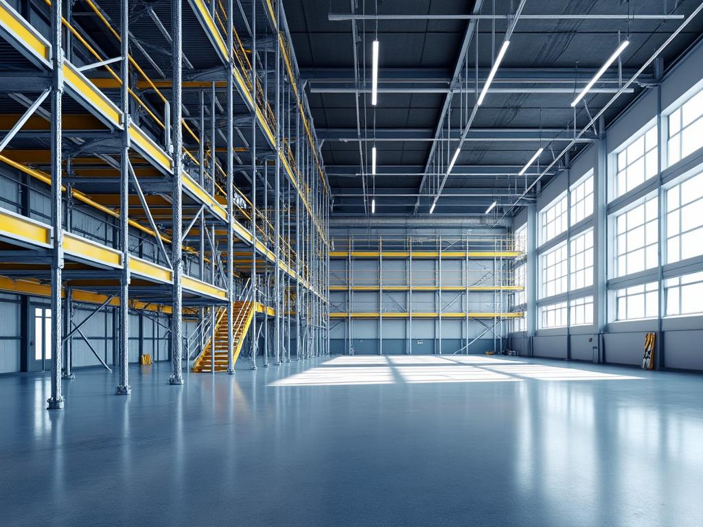 Interior de un almacén moderno con estanterías metálicas altas y suelo limpio, iluminado por luz natural a través de grandes ventanales.