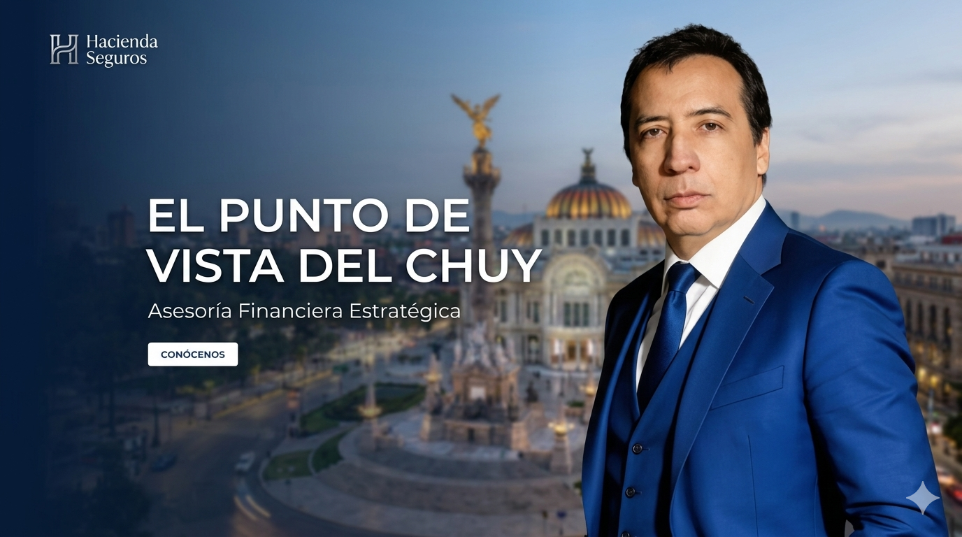 Ejecutivo en traje azul frente al Palacio de Bellas Artes con texto El Punto de Vista del Chuy, asesoría financiera estratégica