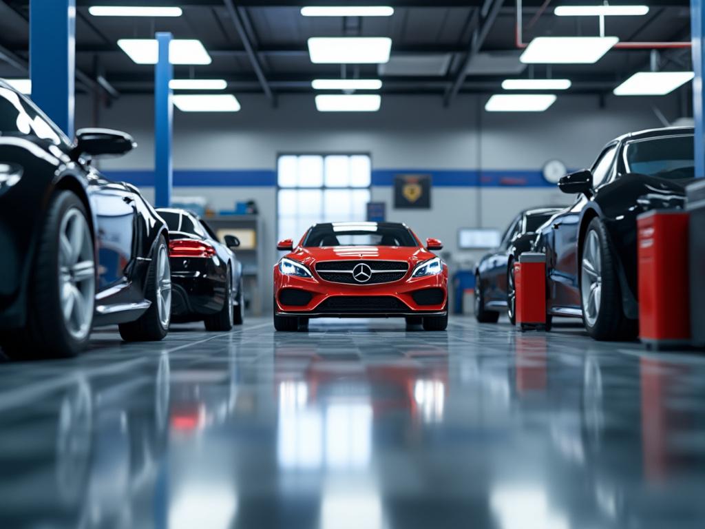 Coche deportivo rojo en un taller mecánico rodeado de otros vehículos bajo luces brillantes.