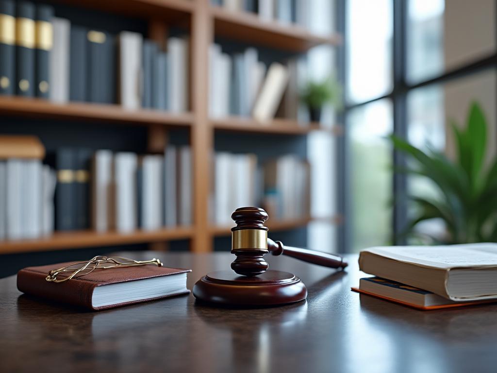 Primer plano de un mazo judicial sobre una mesa de escritorio, con libros y bolígrafo, en una biblioteca iluminada por la luz natural.