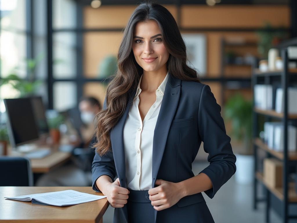 Mujer de negocios con traje formal en una oficina moderna, mostrando profesionalismo y confianza. Mujer de negocios con traje formal en una oficina moderna, mostrando profesionalismo y confianza.