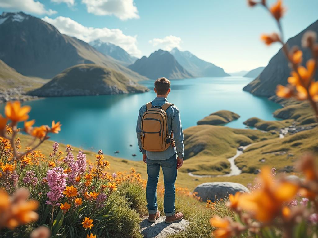 A person with a backpack overlooking a scenic lake surrounded by mountains and wildflowers under a clear blue sky.