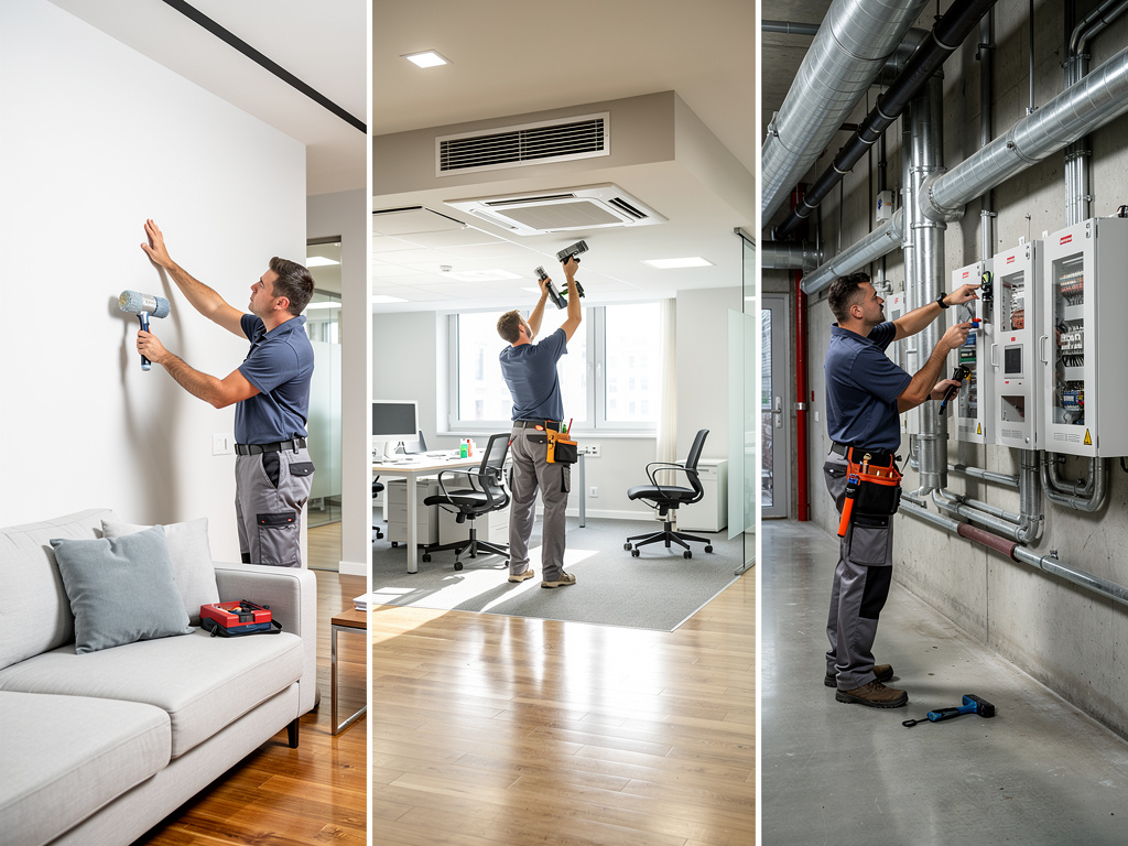 Técnico de mantenimiento instalando y revisando sistemas eléctricos, aire acondicionado y pared en oficina y sala moderna