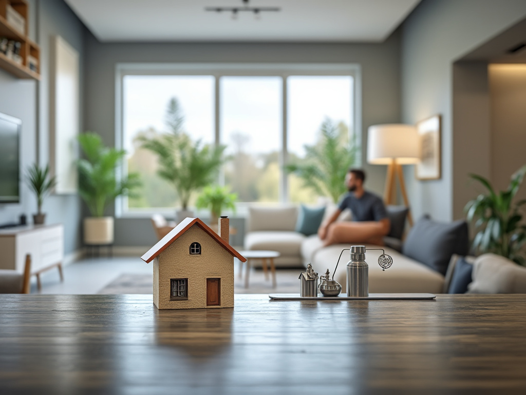 Miniature house model on wooden table in modern living room with blurred man sitting on sofa surrounded by plants and large windows.
