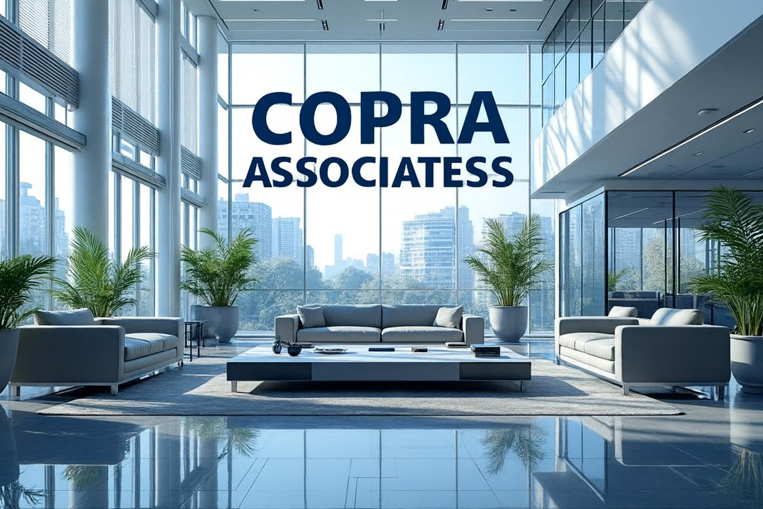 Oficina moderna con sofás blancos, plantas y grandes ventanas con vista a la ciudad, logo de empresa COPRA en el fondo.