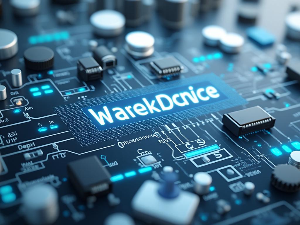 Placa de circuito impreso con microchips y componentes electrónicos, destacando el texto 'WarekDcnice' iluminado en el centro.