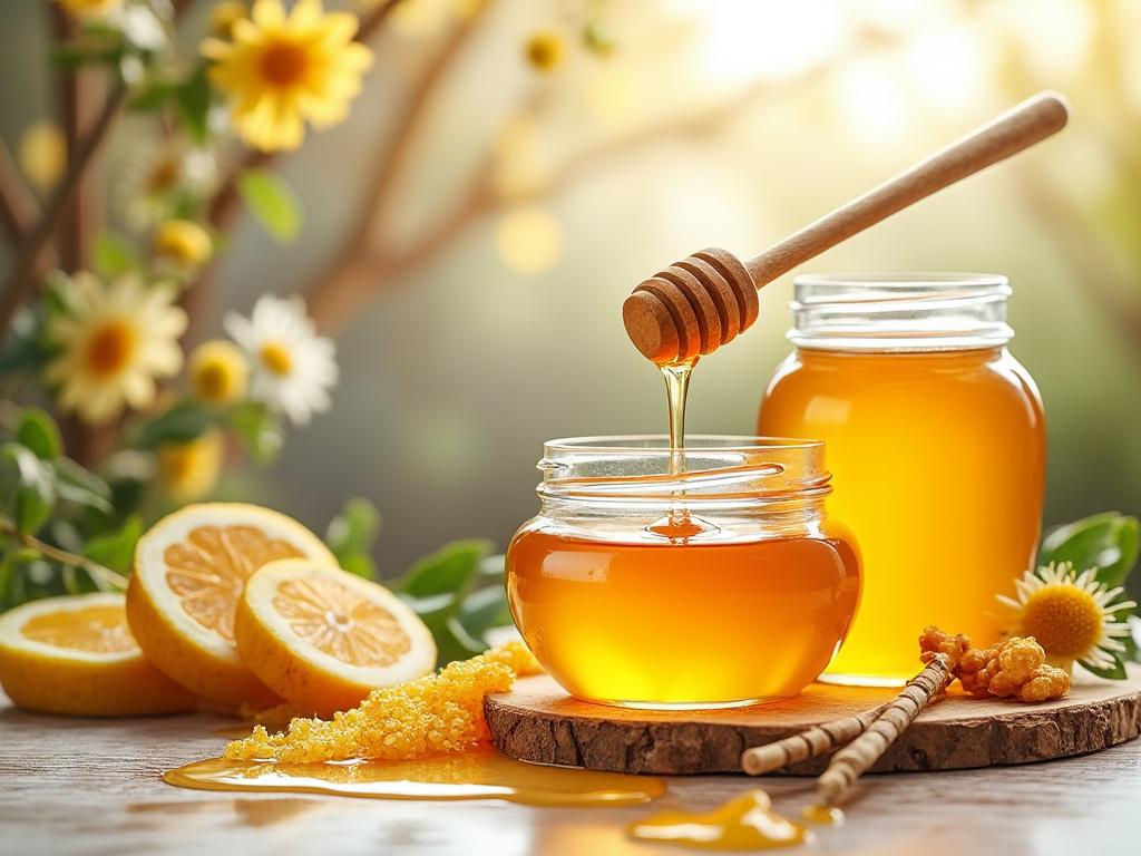 Frascos de miel con rodajas de limón y flores amarillas en un ambiente iluminado.