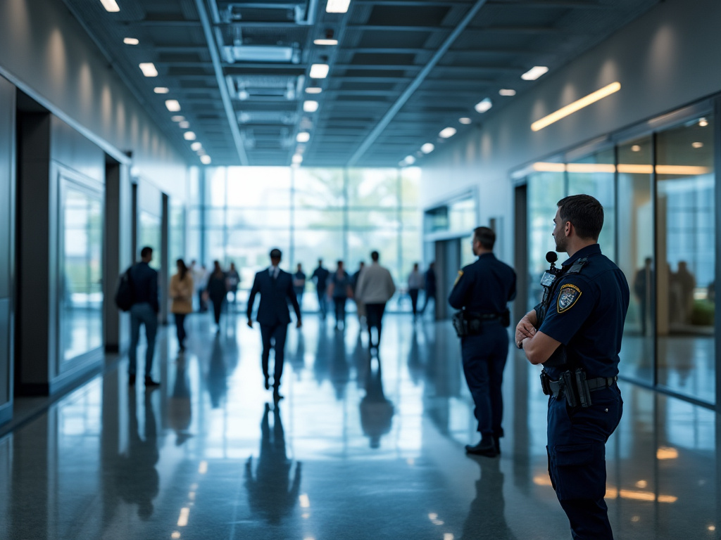 Pasillo moderno con personas caminando, vigilado por dos policías uniformados.