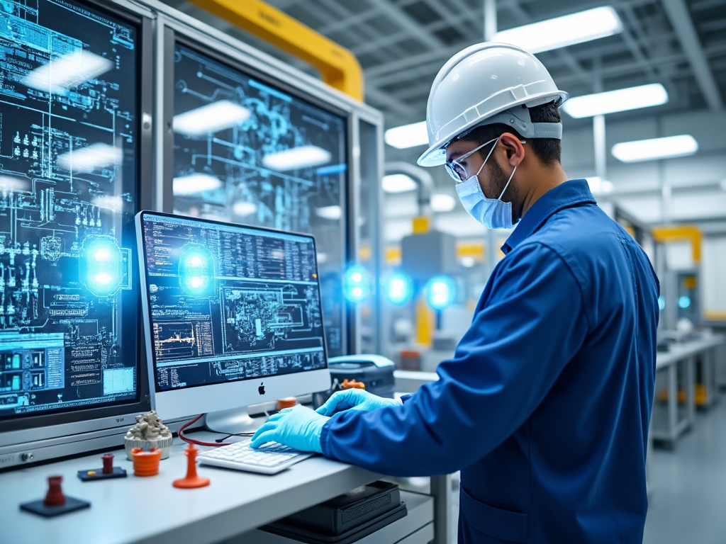 Ingeniero en fábrica, vistiendo casco y mascarilla, trabaja en computadora con gráficos técnicos y pantallas de control.
