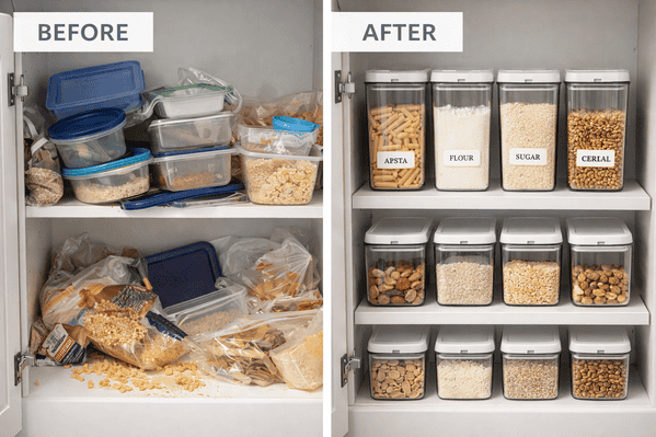 Before and after kitchen cabinet organization showing cluttered versus professionally organized results