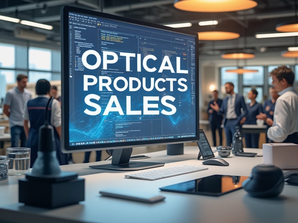 Pantalla de computadora mostrando 'Optical Products Sales' en una oficina moderna con personas interactuando en el fondo.