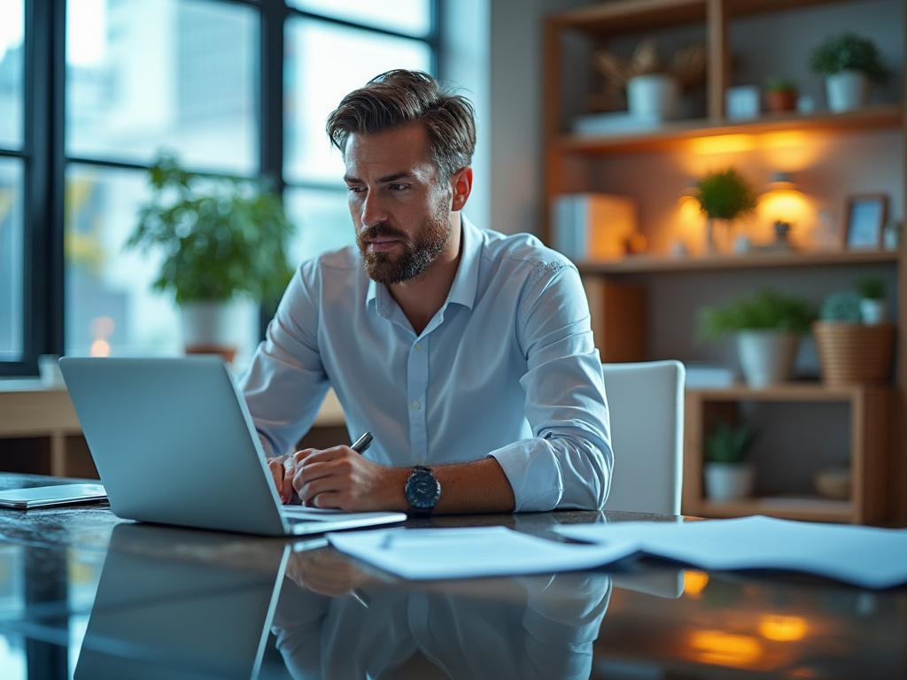 Professional man working on laptop in a modern office setting with plants and warm lighting.