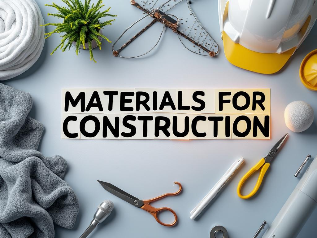 Elemento de construcción con casco, tijeras y herramientas sobre fondo claro con texto 'Materials for Construction'.