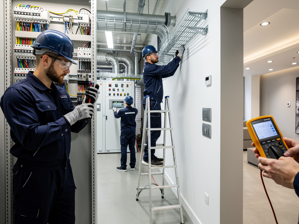 Técnicos electricistas instalando y revisando cableado, panel eléctrico y sistemas de iluminación con multímetro en edificio moderno