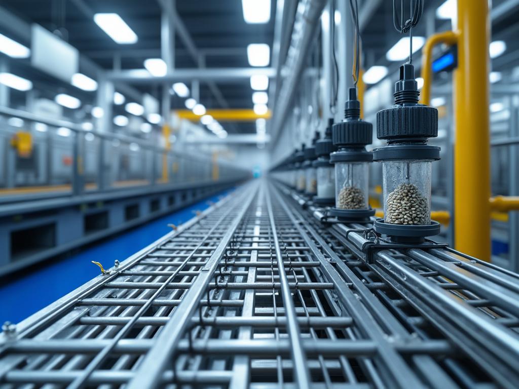 Línea de producción industrial con recipientes transparentes colgados, conteniendo granos en una fábrica moderna.