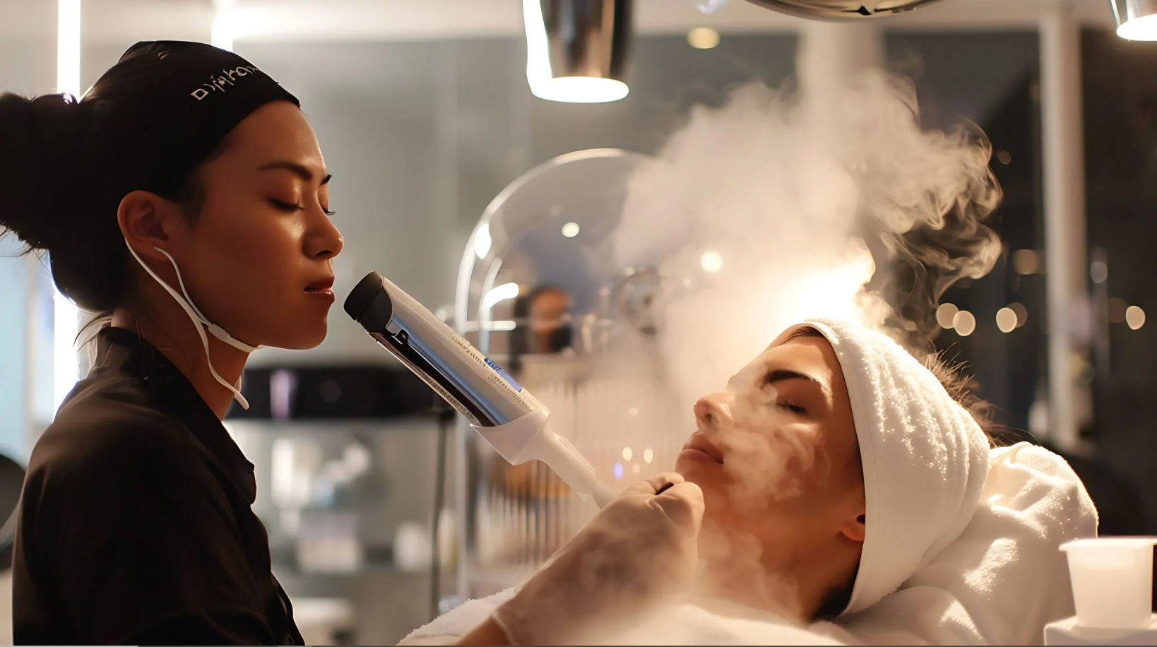 Esteticista realizando tratamiento facial con vapor a una mujer en spa de belleza