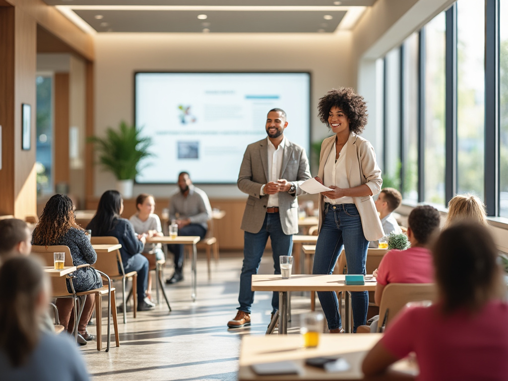 Two business professionals giving a presentation to a group in a modern conference room with large windows and a digital screen.
